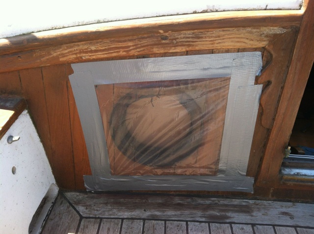 Zoom in Portlight in the cockpit tapes up for the winter